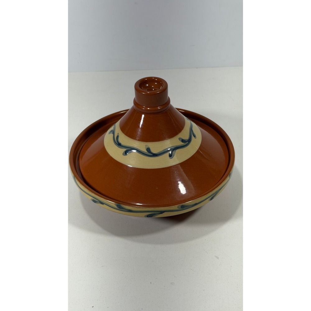 BIA Cordon Bleu BOLA Tagine Pot Portugal Glazed Ceramic Terracotta Blue Vine 9in